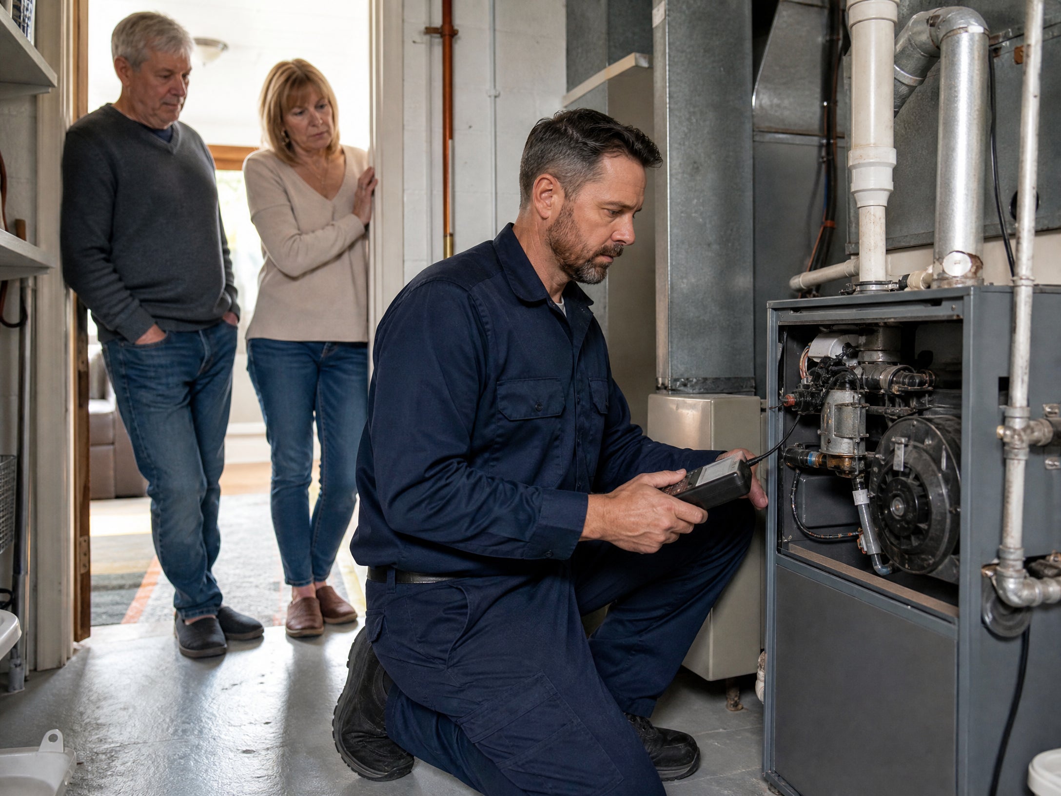 A heating technician taking a reading from a residential furnace while homeowners look on